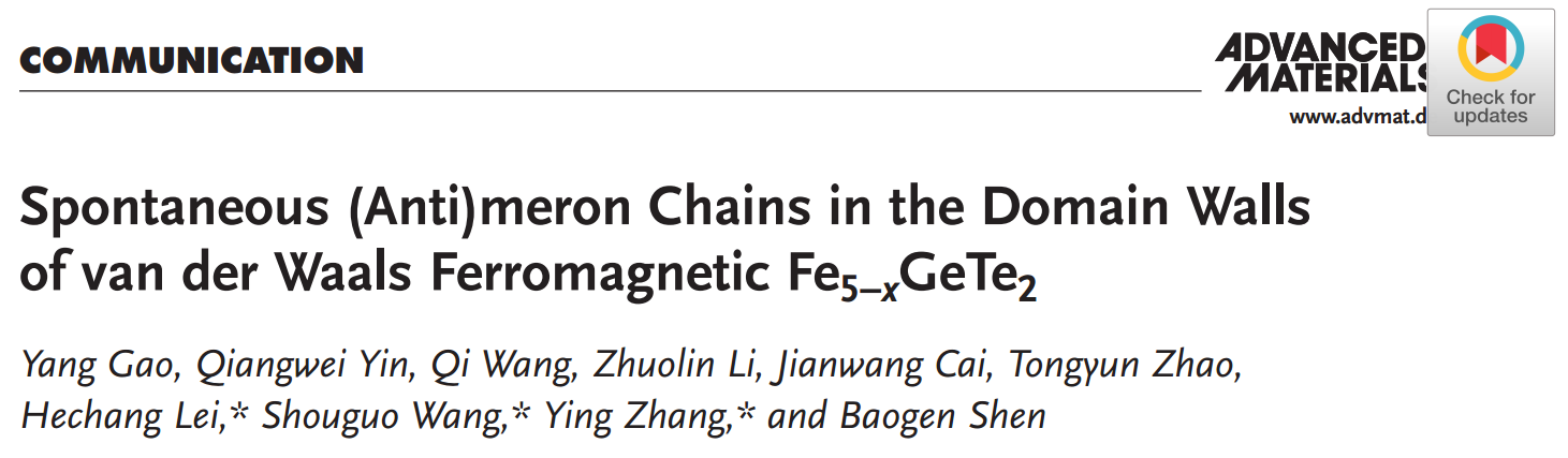 相關研究成果以“Spontaneous (Anti)meron Chains in the Domain Walls of van der Waals Ferromagnetic Fe5-xGeTe2”為題發表在《Adv. Mater.》上。