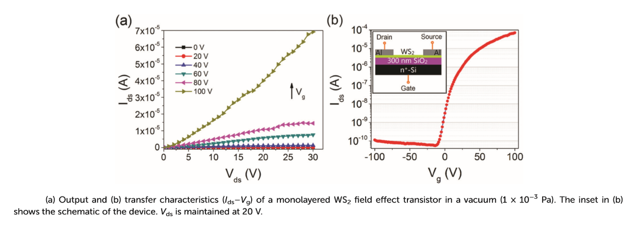 單層二硫化鎢場效應晶體管的IV曲線和轉移曲線